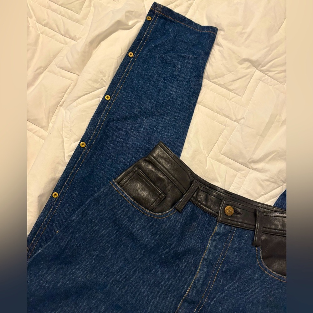 Dark wash high-waisted straight leg denim jeans